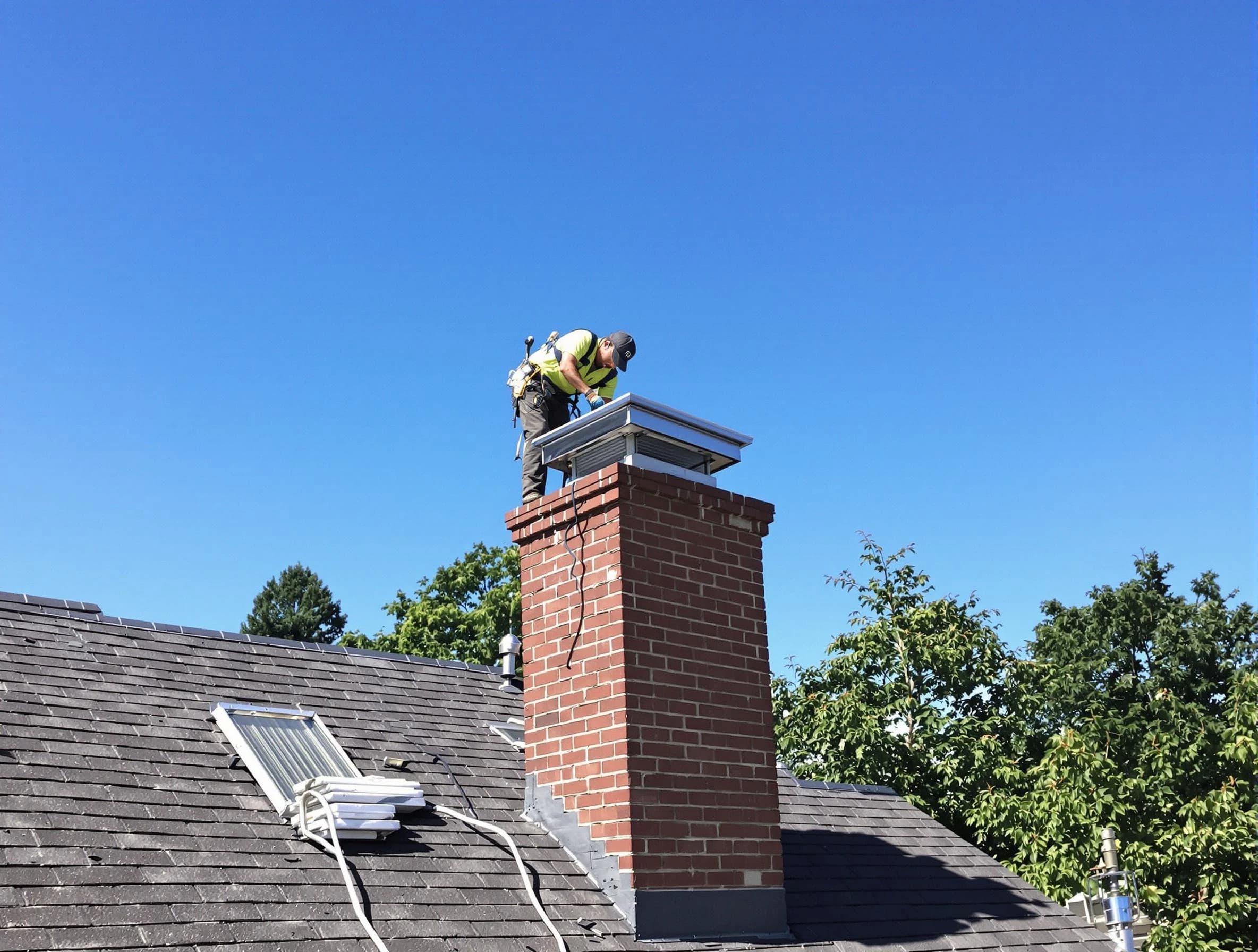 Bloomfield Chimney Sweep technician measuring a chimney cap in Bloomfield, NJ